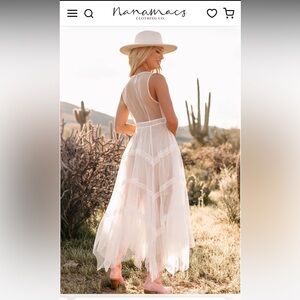 Born Iconic Mesh Lace Handkerchief Hem Midi Dress (Off White) NanaMacs - S